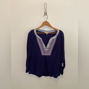Meadow Rue Navy V-Neck Embroidered Shirt with Multicolor Trim